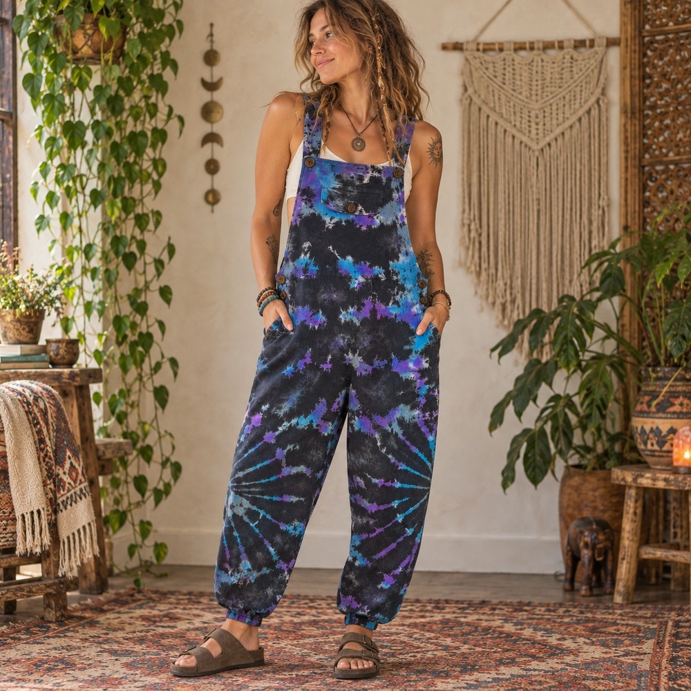 Tie Dye Cotton Adjustable Overalls Sz L Boho Hippie Jumpsuit Pockets Festival